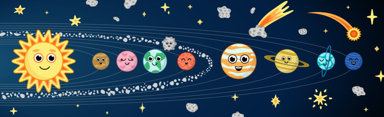 Solar system with planets, sun, stars, meteors, asteroid, orbits. Cartoon, vector - obrazy, fototapety, plakaty