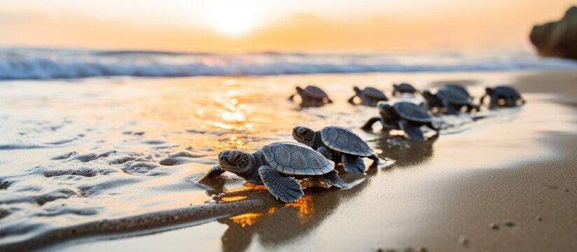 Baby turtles walk on beach at dusk