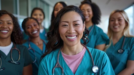 A happy and smiling diverse group of nurses standing together