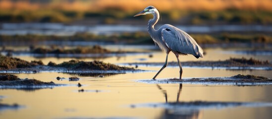 Great blue heron walking in shallow water