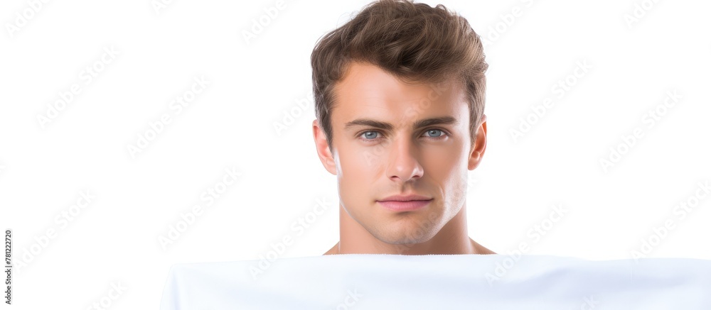Poster man holds empty sign on white backdrop