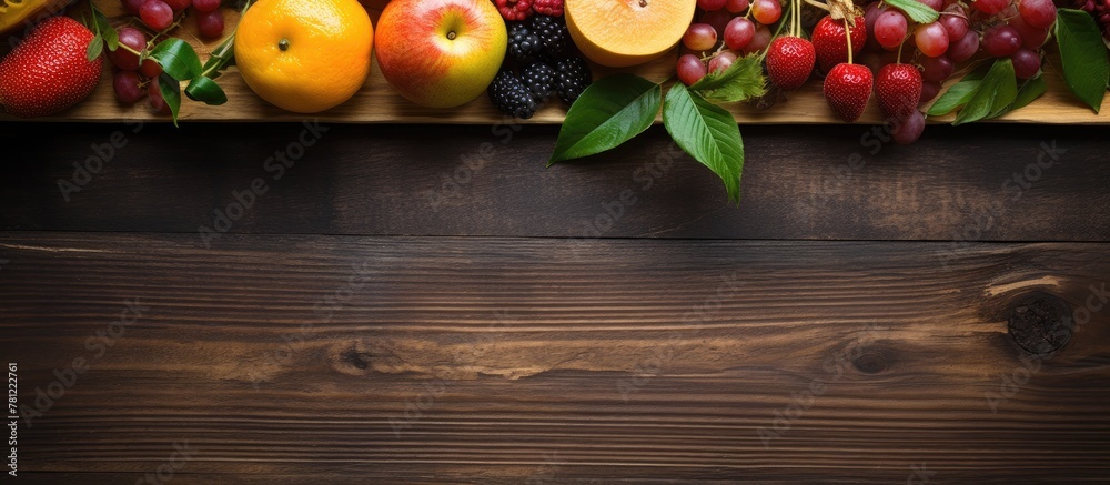 Poster assorted fruits displayed on a wooden surface with a fresh green leaf