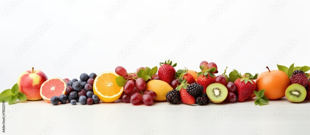 Poster different fruits aligned in a white row