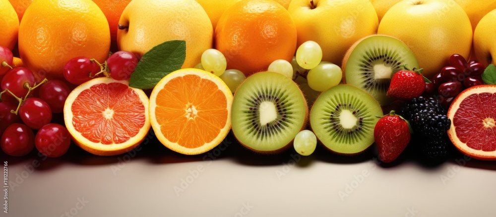 Poster various fruits in line on table