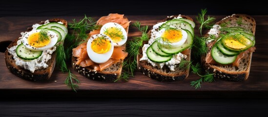 Wooden tray with bread slices and eggs