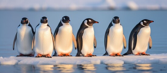 Five penguins lined up on icy surface under the sun - Powered by Adobe