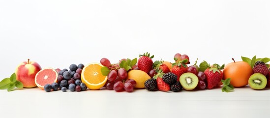 Different fruits aligned in a white row