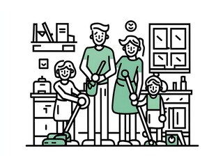 illustration of a family cleaning the house