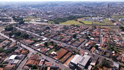 Aerial shot of a town with blocks of houses and neighborhoods