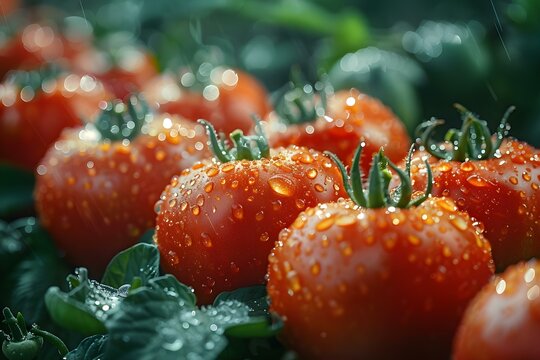 Closeup image of ripe red tomatoes with water droplets freshly picked on a farm. Concept Food Photography, Farm Fresh, Vibrant Red Tomatoes, Close-up Shot, Agriculture Harvest