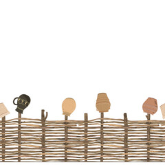 Wicker fence made of flexible willow or hazel wood decorated with vintage clay pots, seamless pattern, vector isolated illustration. Wooden border design element