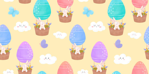 Easter bunnies Seamless pattern on an egg balloon, watercolor style, Easter packaging, spring pattern with flowers and rabbits, Easter eggs seamless pattern, flowers and clouds, butterflies, 
