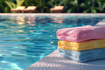  stack of colorful pastel towels next to the swimming pool  with tropical leaves , pastel colors,...