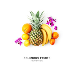 Pineapple, banana, lemon and orange fruits isolated on white background.