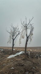 Environmental Pollution: Barren Trees Entangled with Plastic Waste in a Desolate Landscape