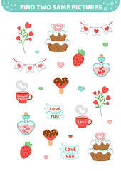 Find two same pictures. Romance food and drink on Valentines day. Game for children. Cartoon, vector