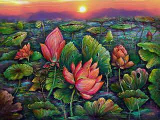 Art painting oil color lotus flower background from thailand - obrazy, fototapety, plakaty