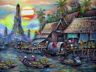 Hand drawn Art painting Oil color Floating market background design from thailand	