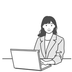 パソコンを使っている笑顔の女性のシンプルなイラスト　白バック、モノクロ、白黒、ベクター