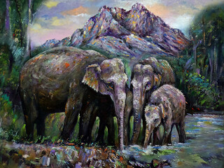 Art painting Oil color Elephant family thailand