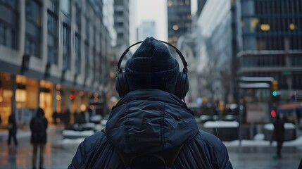 person walking in the city wearing headphone - obrazy, fototapety, plakaty