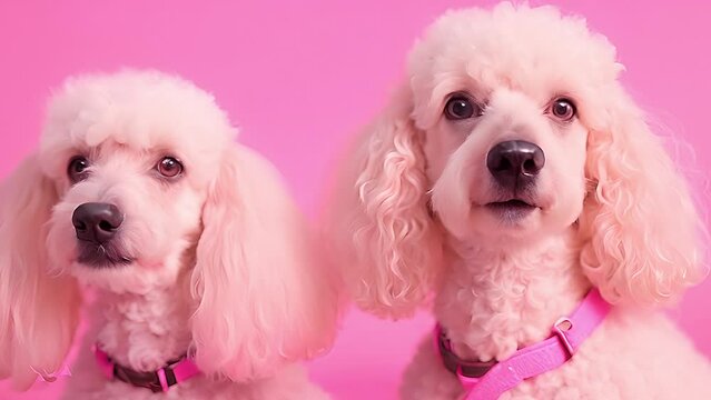 Cute poodles with a surprising element of a dog's face  on a pink background