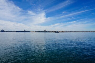 Aerial view of sea surrounded by buildings in Santiago