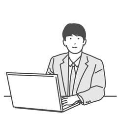 パソコンで仕事をする笑顔の男性　モノクロのベクターイラスト、白バック、白背景、透明、背景なし