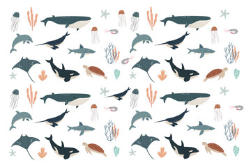 Vector flat illustration isolated on white background, sea animals set, vector whale, shark, narwhal, jellyfish, dolphin, stingray, turtle and shrimp