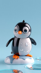 Smiling Penguin on Ice Floe. 3D Rendered Character of a Penguin Standing on an Ice Platform Surrounded by Water on Light Blue Background.