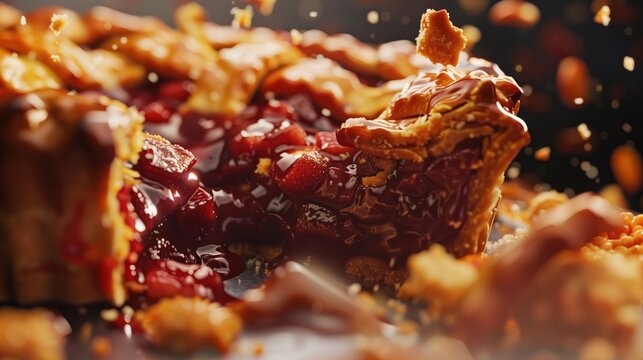 Pie eating contest, a close-up on the action and excitement, textures of the pie filling and expressions rendered in detail