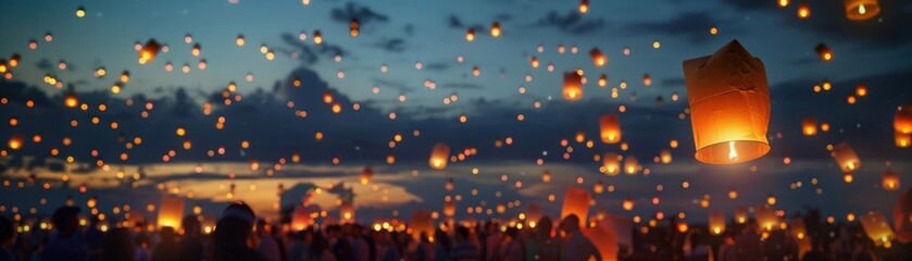 The lighting of lanterns during a twilight festival, a hyper-realistic glow against the dusk sky, the crowd gathered in anticipation - obrazy, fototapety, plakaty