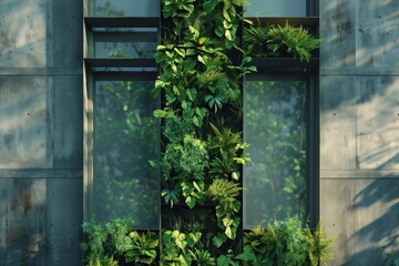 Vertical garden on a modern building exterior, each plant meticulously detailed, against a simple backdrop