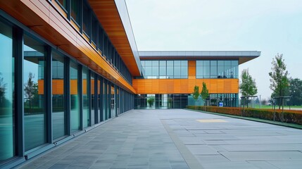 Zero-energy building, forefront of sustainable design, with a large empty space in the foreground