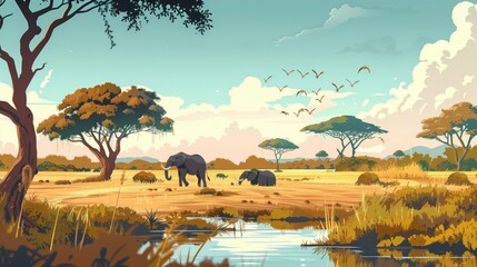 Wildlife conservation safari, ethical interaction with animals in their natural habitat, detailed illustration with a focus on space and freedom - obrazy, fototapety, plakaty