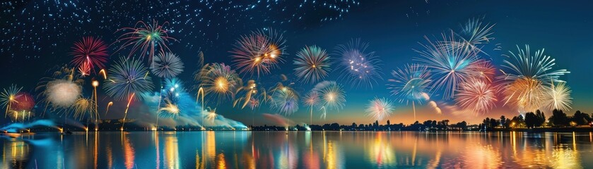 Firework display over the lake, reflections and colors bursting in the night sky, framed with space for event details - obrazy, fototapety, plakaty