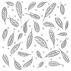 Leaf fall. Collection of falling leaves in black and white. Black and white drawing of falling leaves for a coloring book. Drawing in linear style. Vector illustration