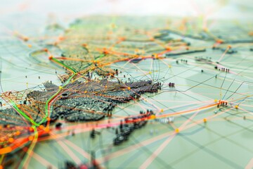Fototapeta premium Detailed maps highlighting the interconnected network of highways, railways and air routes. which facilitates the movement of goods in modern logistics systems.