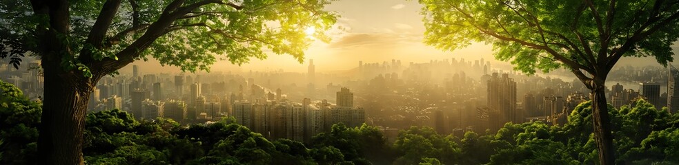 Banner with sunrise over a bustling cityscape framed by the silhouette of lush trees. Header design. Generative AI