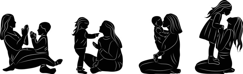mom plays with baby set silhouette on white background vector - 781228109