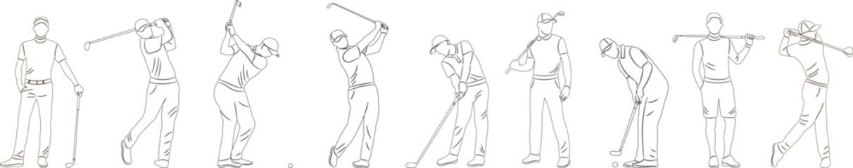 set of man playing golf, golfer sketches on white background vector