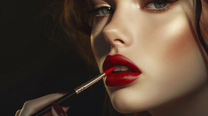 Elegant makeup scene, focusing on the delicate touch of a powder brush and the bold stroke of lipstick application