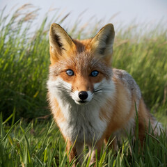 A stunning wild fox ,with piercing blue eyes, standing in a lush green field. The fox's fur is a beautiful combination of orange, white, with a subtle sheen under the sunlight. generative ai