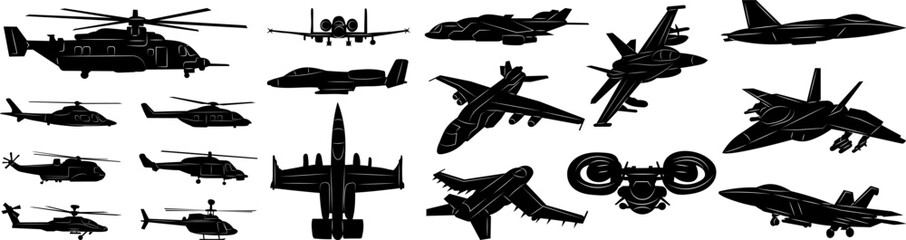 combat aircraft and helicopters silhouette on a white background vector - 781228164