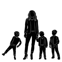 mom and sons silhouette on white background vector