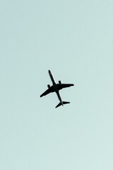 Fototapeta na wymiar Beautiful vertical view of an airplane flying in a clear sky