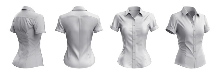 Set of woman white button up short sleeve collar slim fitting shirt front, back, side view on transparent background cutout, PNG file. Mockup template for artwork graphic design - obrazy, fototapety, plakaty