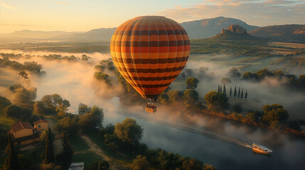 Hot air balloon in flight over Italy. - obrazy, fototapety, plakaty