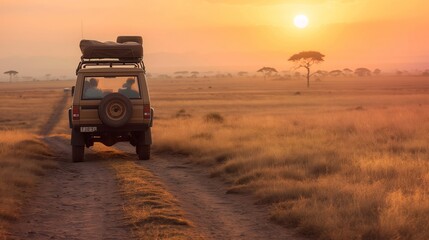 Tranquil landscape scene during sunset, with a safari truck driving along a dirt road. Environment suggests this setting is within an African savanna, region like the Serengeti National Park Tanzania