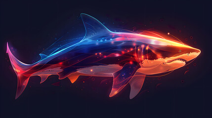 A colorful shark with a fin glides through the dark underwater world